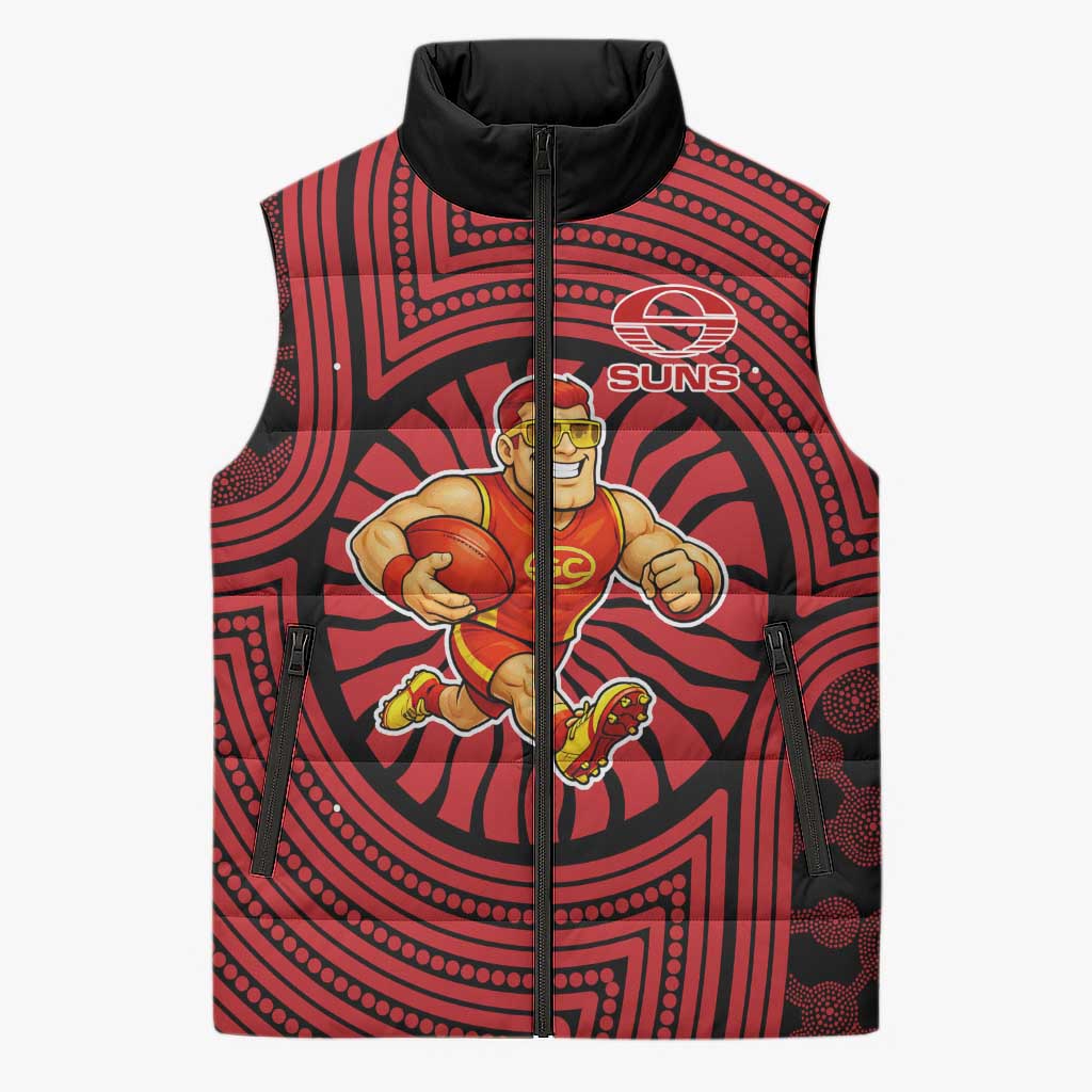 Gold Coast Suns Sleeveless Puffer Jacket Indigenous Monochrome Dot Art Mascot Style