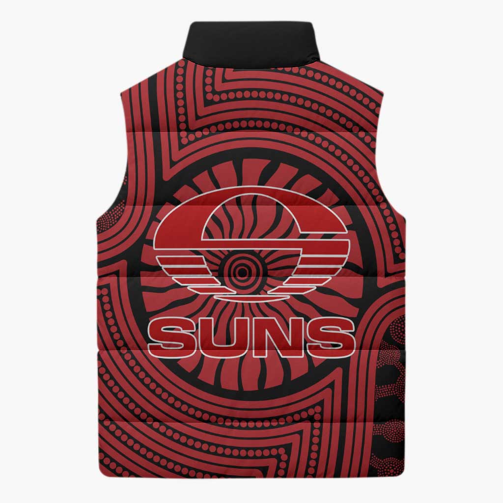 Gold Coast Suns Sleeveless Puffer Jacket Indigenous Monochrome Dot Art Mascot Style