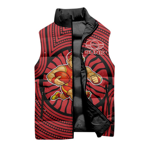 Gold Coast Suns Sleeveless Puffer Jacket Indigenous Monochrome Dot Art Mascot Style