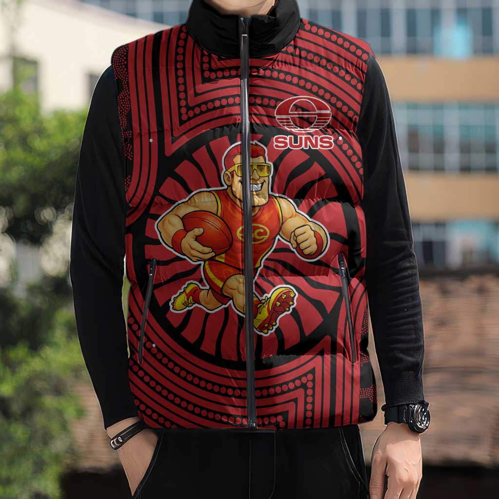 Gold Coast Suns Sleeveless Puffer Jacket Indigenous Monochrome Dot Art Mascot Style