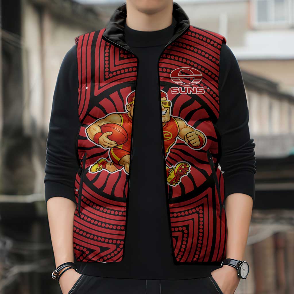 Gold Coast Suns Sleeveless Puffer Jacket Indigenous Monochrome Dot Art Mascot Style