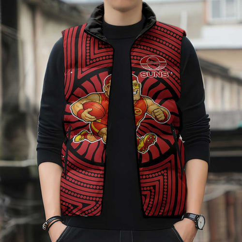 Gold Coast Suns Sleeveless Puffer Jacket Indigenous Monochrome Dot Art Mascot Style