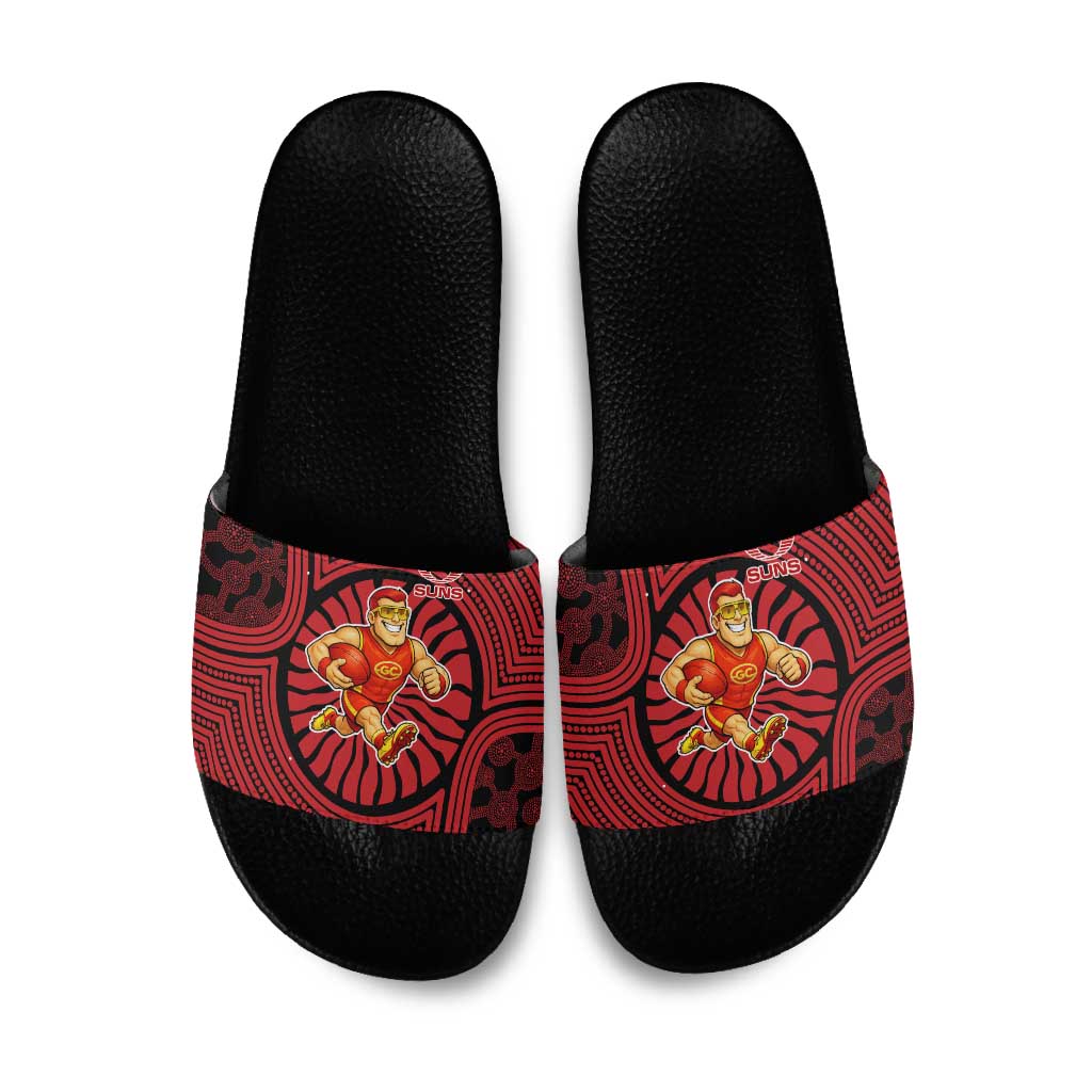 Gold Coast Suns Slide Sandals Indigenous Monochrome Dot Art Mascot Style