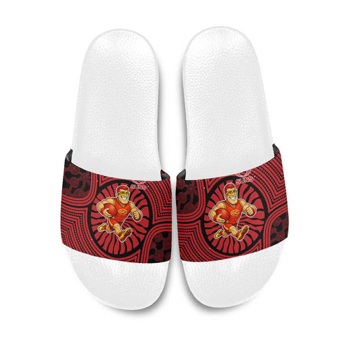 Gold Coast Suns Slide Sandals Indigenous Monochrome Dot Art Mascot Style