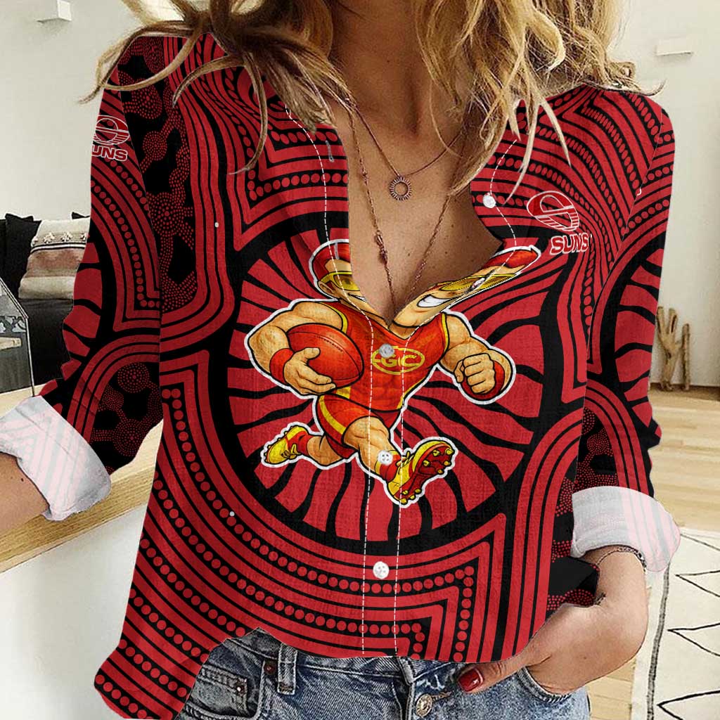 Gold Coast Suns Women Casual Shirt Indigenous Monochrome Dot Art Mascot Style