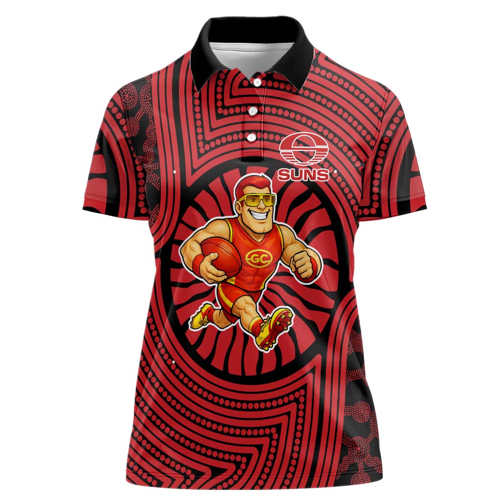 Gold Coast Suns Women Polo Shirt Indigenous Monochrome Dot Art Mascot Style