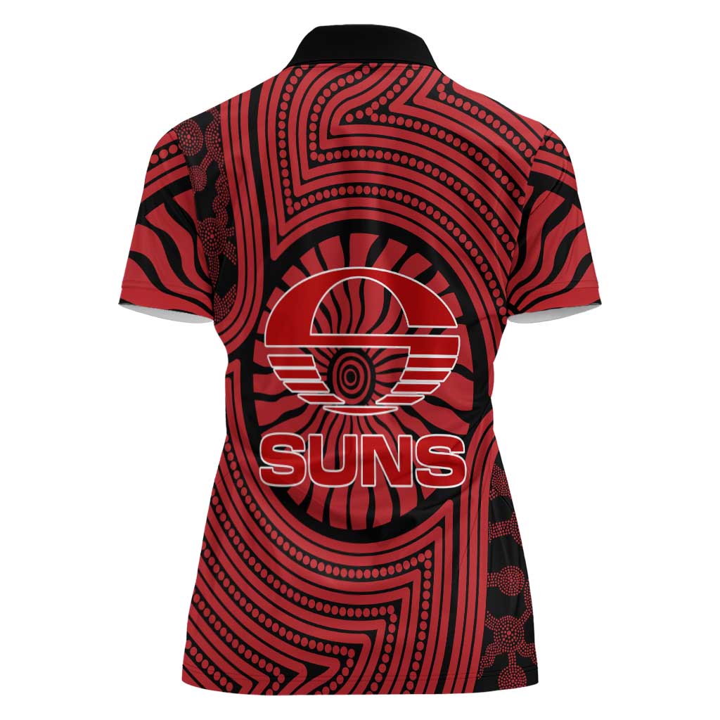 Gold Coast Suns Women Polo Shirt Indigenous Monochrome Dot Art Mascot Style