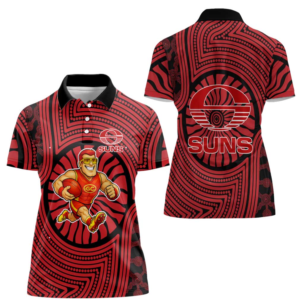 Gold Coast Suns Women Polo Shirt Indigenous Monochrome Dot Art Mascot Style