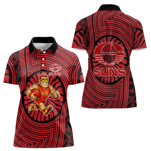 Gold Coast Suns Women Polo Shirt Indigenous Monochrome Dot Art Mascot Style