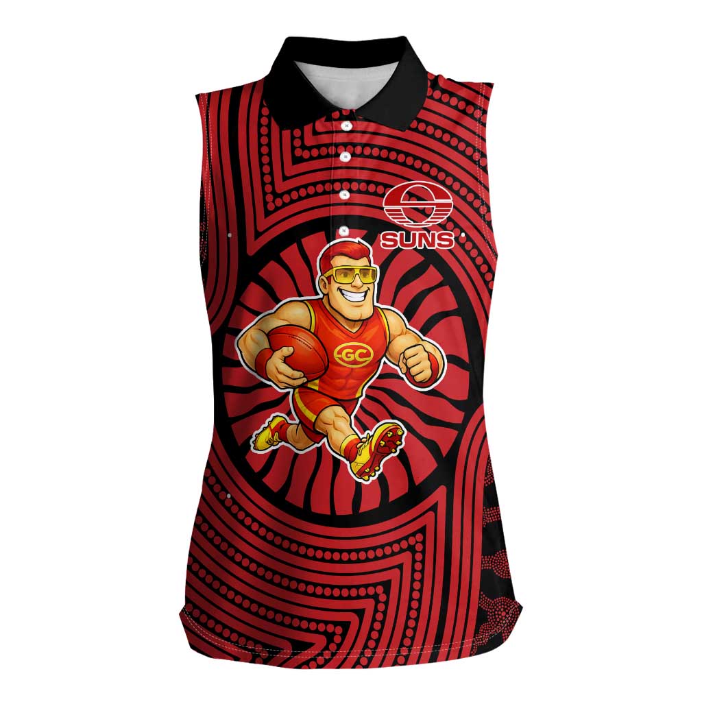Gold Coast Suns Women Sleeveless Polo Shirt Indigenous Monochrome Dot Art Mascot Style