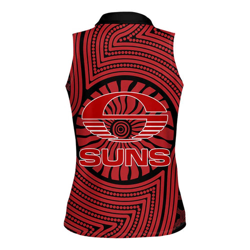 Gold Coast Suns Women Sleeveless Polo Shirt Indigenous Monochrome Dot Art Mascot Style
