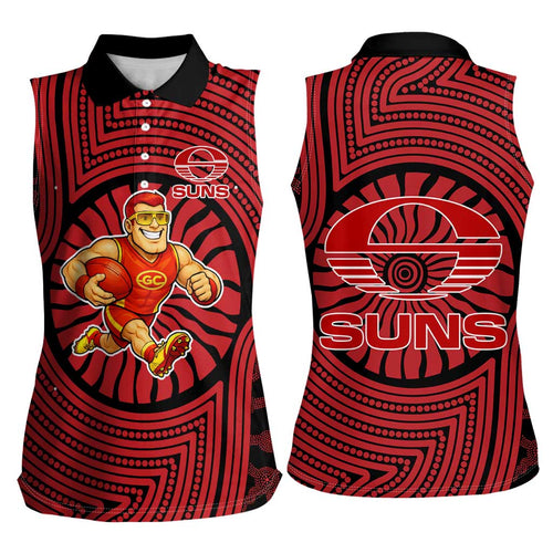 Gold Coast Suns Women Sleeveless Polo Shirt Indigenous Monochrome Dot Art Mascot Style