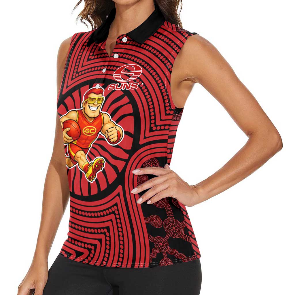 Gold Coast Suns Women Sleeveless Polo Shirt Indigenous Monochrome Dot Art Mascot Style
