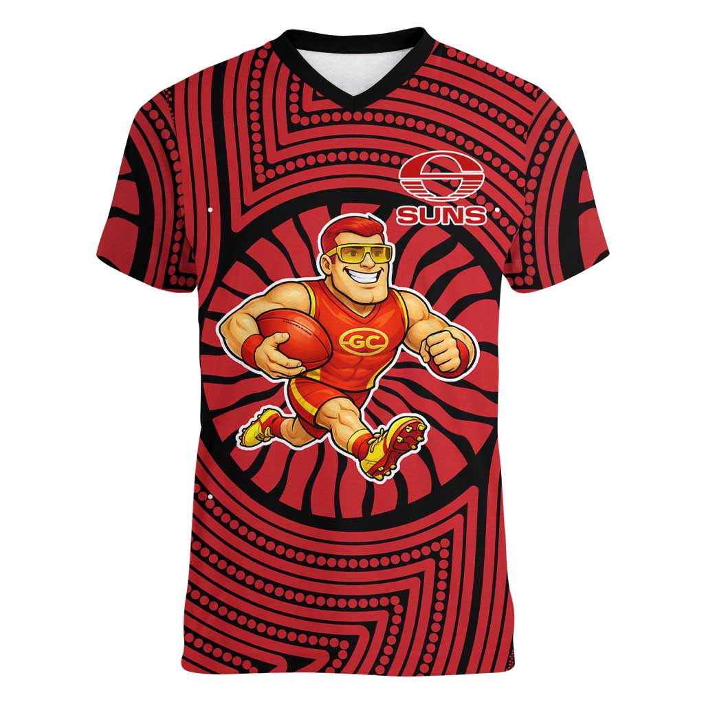 Gold Coast Suns Women V-Neck T-Shirt Indigenous Monochrome Dot Art Mascot Style