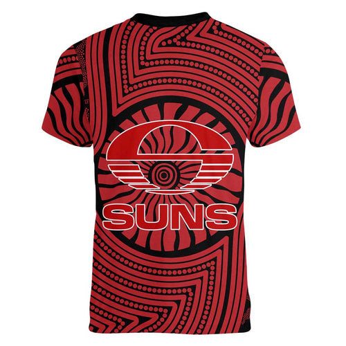 Gold Coast Suns Women V-Neck T-Shirt Indigenous Monochrome Dot Art Mascot Style