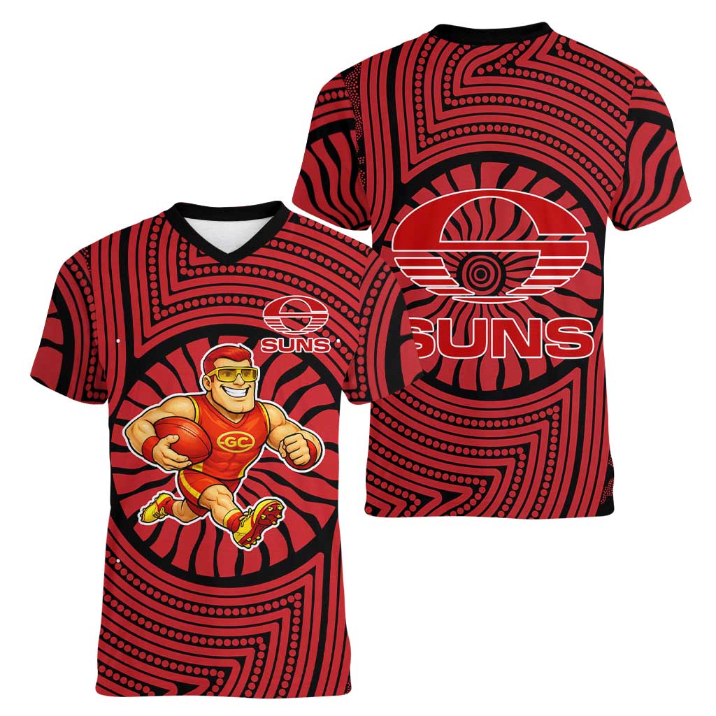 Gold Coast Suns Women V-Neck T-Shirt Indigenous Monochrome Dot Art Mascot Style