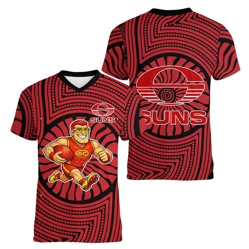 Gold Coast Suns Women V-Neck T-Shirt Indigenous Monochrome Dot Art Mascot Style