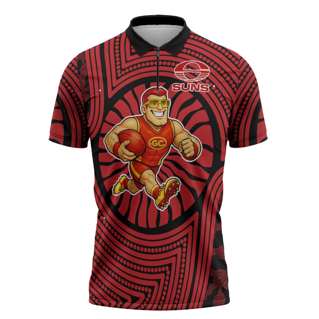 Gold Coast Suns Zipper Polo Shirt Indigenous Monochrome Dot Art Mascot Style