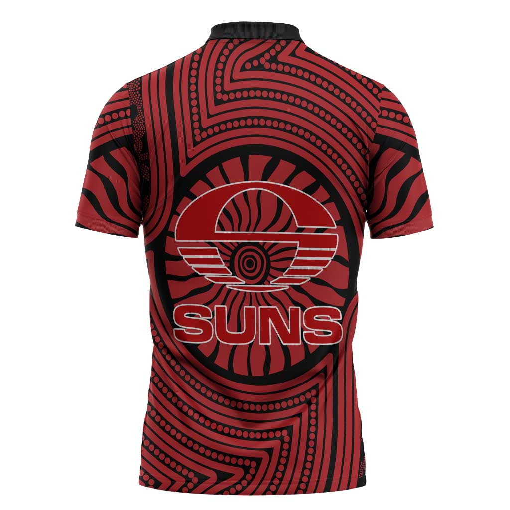 Gold Coast Suns Zipper Polo Shirt Indigenous Monochrome Dot Art Mascot Style