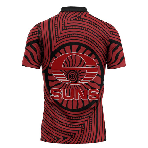Gold Coast Suns Zipper Polo Shirt Indigenous Monochrome Dot Art Mascot Style