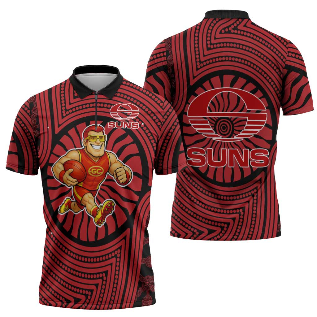 Gold Coast Suns Zipper Polo Shirt Indigenous Monochrome Dot Art Mascot Style