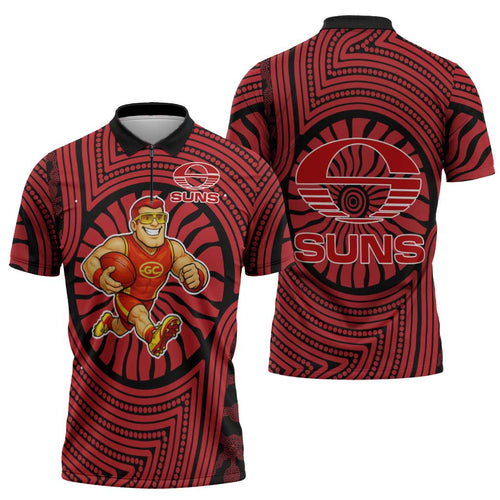 Gold Coast Suns Zipper Polo Shirt Indigenous Monochrome Dot Art Mascot Style