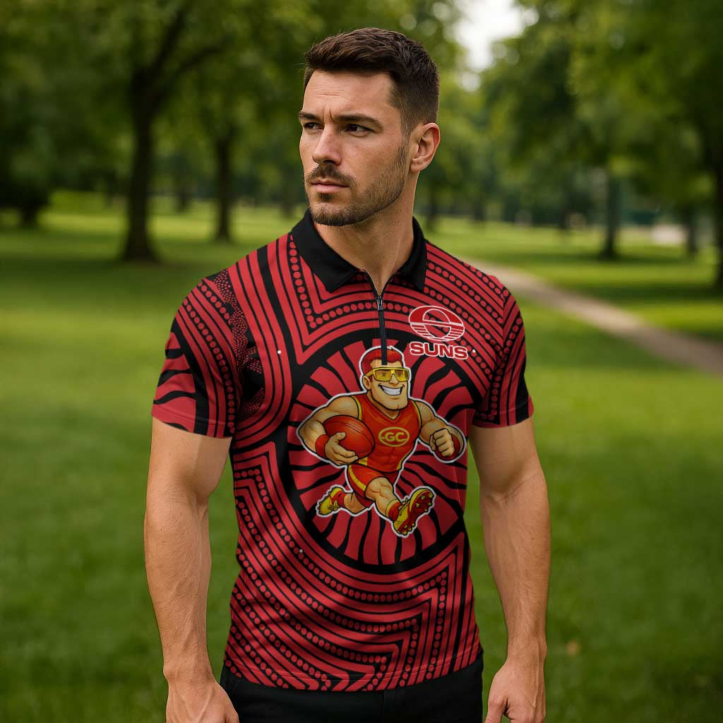 Gold Coast Suns Zipper Polo Shirt Indigenous Monochrome Dot Art Mascot Style