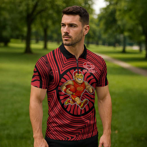 Gold Coast Suns Zipper Polo Shirt Indigenous Monochrome Dot Art Mascot Style