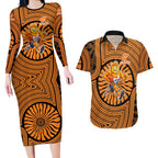 Greater Western Sydney Giants Couples Matching Long Sleeve Bodycon Dress and Hawaiian Shirt Indigenous Monochrome Dot Art Mascot Style