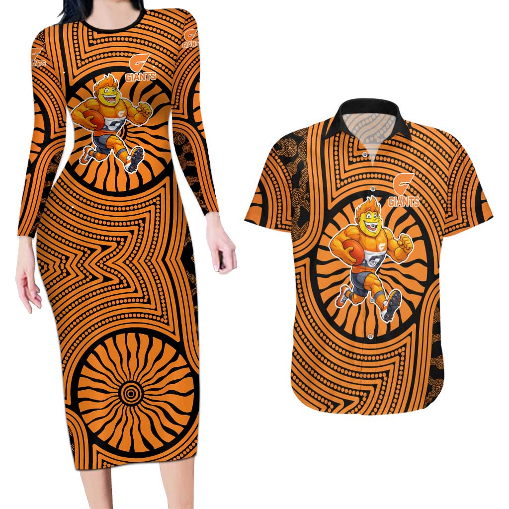 Greater Western Sydney Giants Couples Matching Long Sleeve Bodycon Dress and Hawaiian Shirt Indigenous Monochrome Dot Art Mascot Style