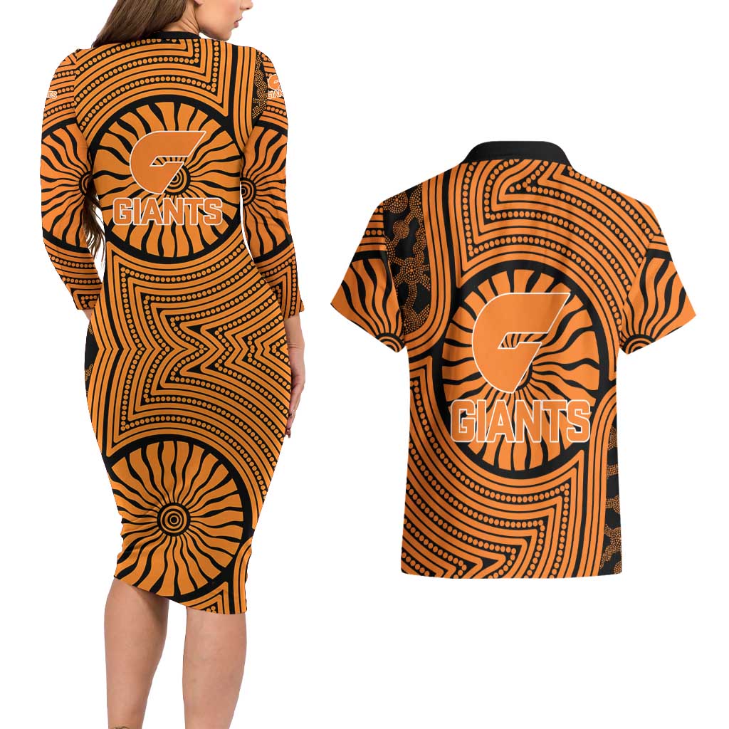 Greater Western Sydney Giants Couples Matching Long Sleeve Bodycon Dress and Hawaiian Shirt Indigenous Monochrome Dot Art Mascot Style