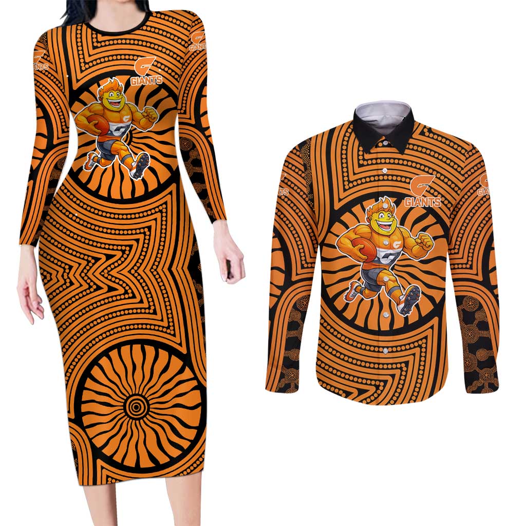 Greater Western Sydney Giants Couples Matching Long Sleeve Bodycon Dress and Long Sleeve Button Shirt Indigenous Monochrome Dot Art Mascot Style