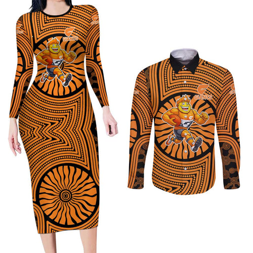 Greater Western Sydney Giants Couples Matching Long Sleeve Bodycon Dress and Long Sleeve Button Shirt Indigenous Monochrome Dot Art Mascot Style