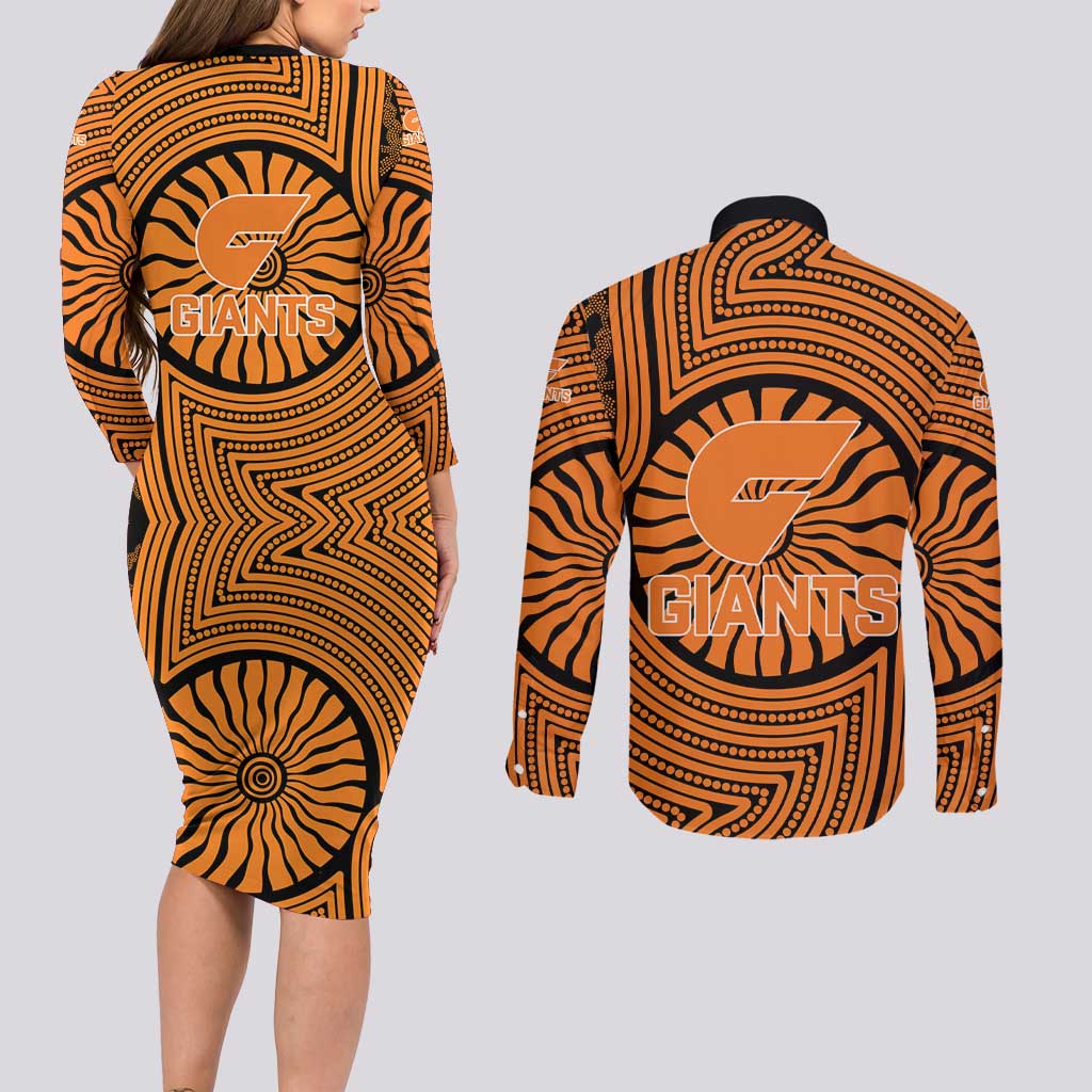 Greater Western Sydney Giants Couples Matching Long Sleeve Bodycon Dress and Long Sleeve Button Shirt Indigenous Monochrome Dot Art Mascot Style