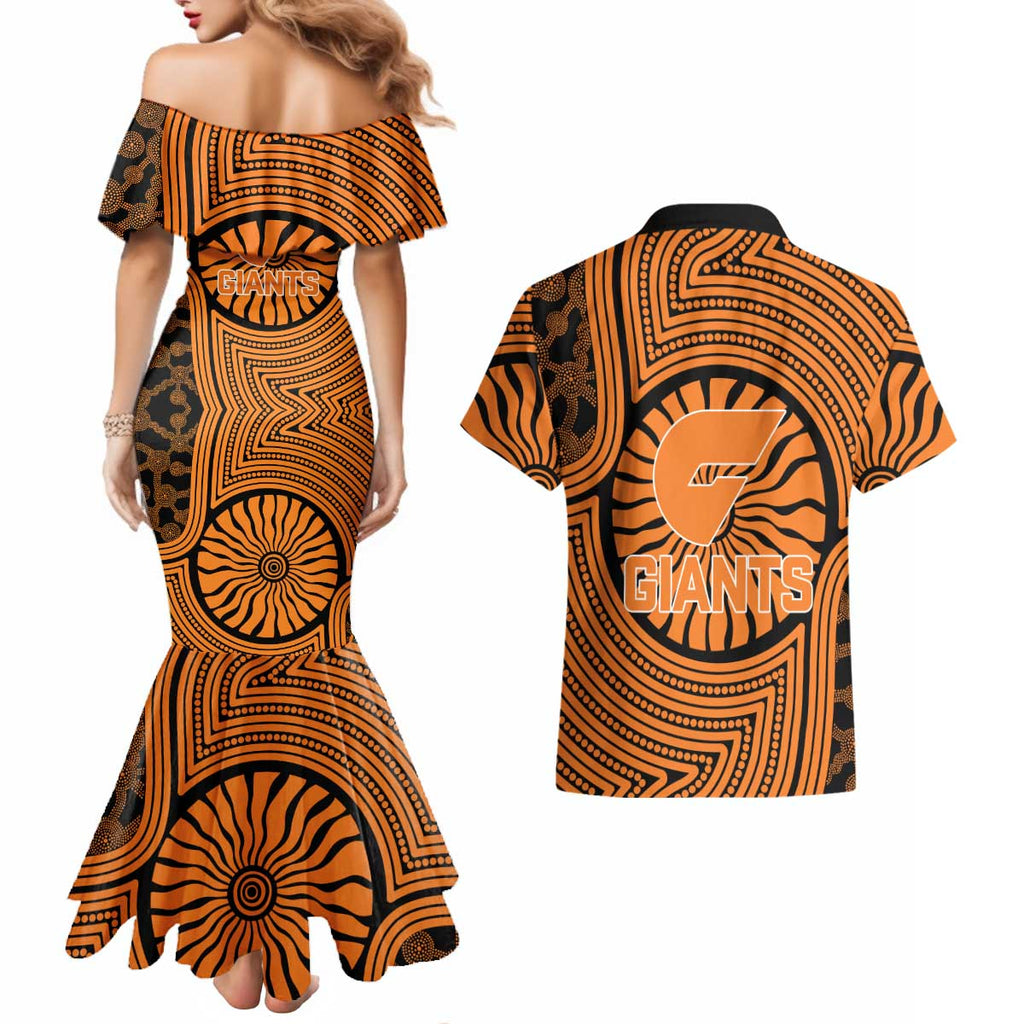 Greater Western Sydney Giants Couples Matching Mermaid Dress and Hawaiian Shirt Indigenous Monochrome Dot Art Mascot Style