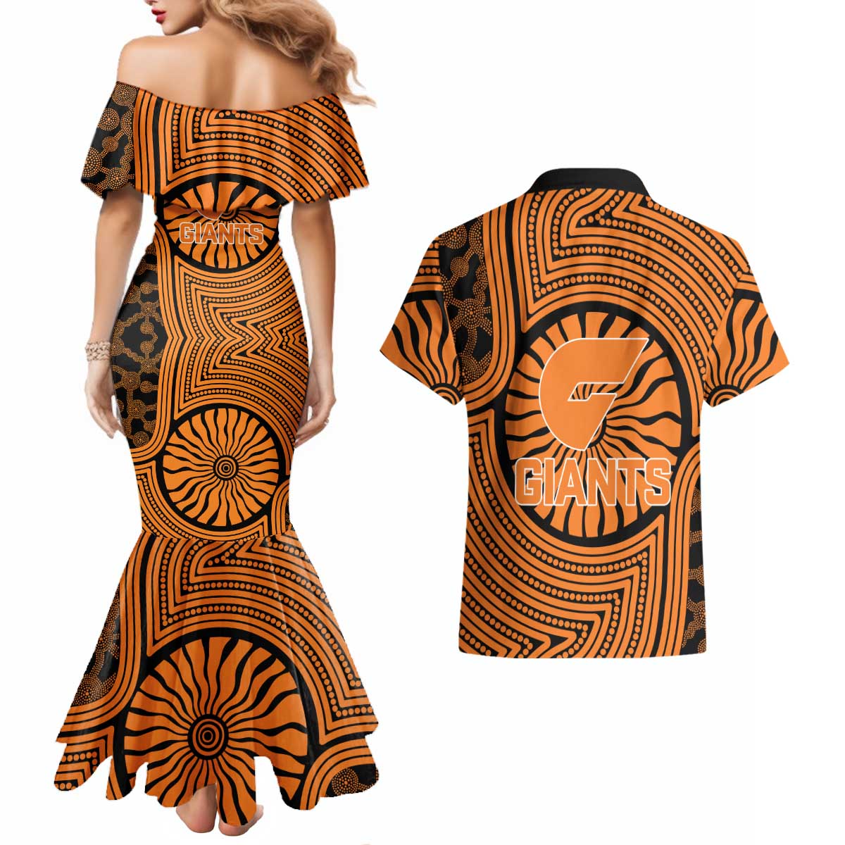 Greater Western Sydney Giants Couples Matching Mermaid Dress and Hawaiian Shirt Indigenous Monochrome Dot Art Mascot Style