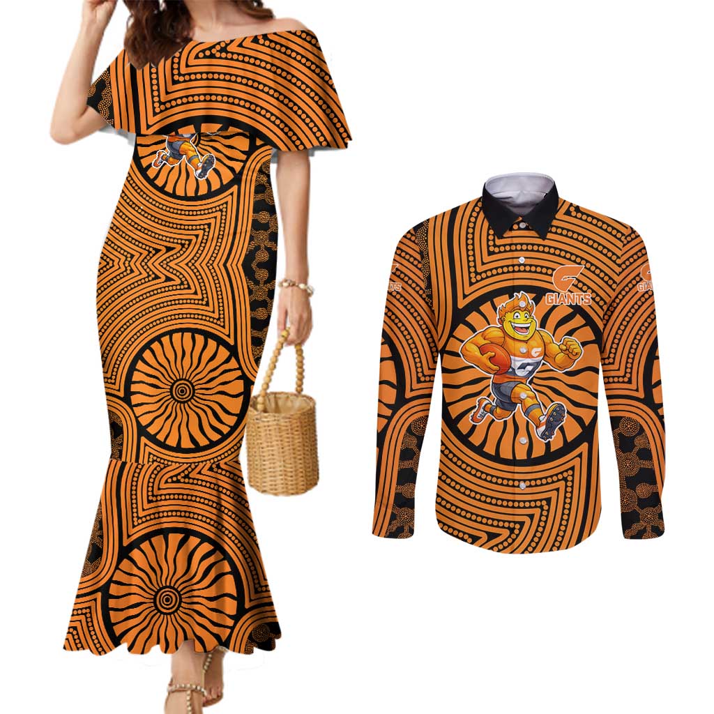Greater Western Sydney Giants Couples Matching Mermaid Dress and Long Sleeve Button Shirt Indigenous Monochrome Dot Art Mascot Style