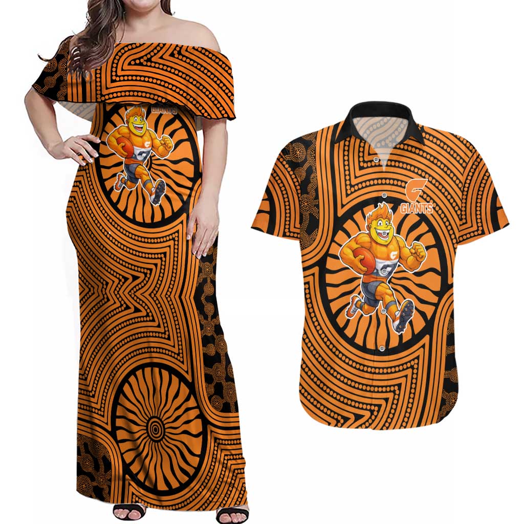 Greater Western Sydney Giants Couples Matching Off Shoulder Maxi Dress and Hawaiian Shirt Indigenous Monochrome Dot Art Mascot Style