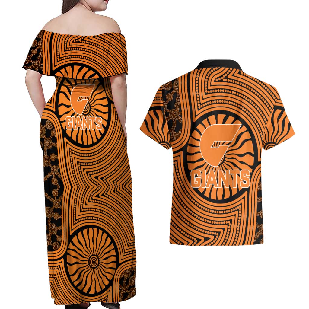 Greater Western Sydney Giants Couples Matching Off Shoulder Maxi Dress and Hawaiian Shirt Indigenous Monochrome Dot Art Mascot Style