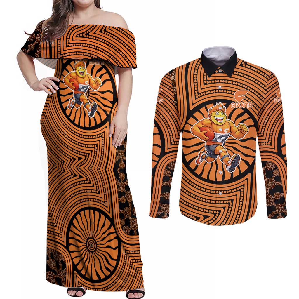 Greater Western Sydney Giants Couples Matching Off Shoulder Maxi Dress and Long Sleeve Button Shirt Indigenous Monochrome Dot Art Mascot Style