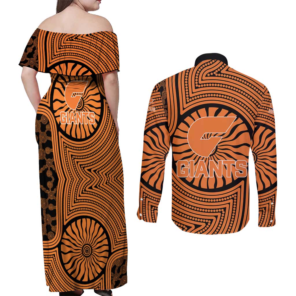 Greater Western Sydney Giants Couples Matching Off Shoulder Maxi Dress and Long Sleeve Button Shirt Indigenous Monochrome Dot Art Mascot Style