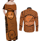 Greater Western Sydney Giants Couples Matching Off Shoulder Maxi Dress and Long Sleeve Button Shirt Indigenous Monochrome Dot Art Mascot Style