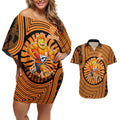 Greater Western Sydney Giants Couples Matching Off Shoulder Short Dress and Hawaiian Shirt Indigenous Monochrome Dot Art Mascot Style