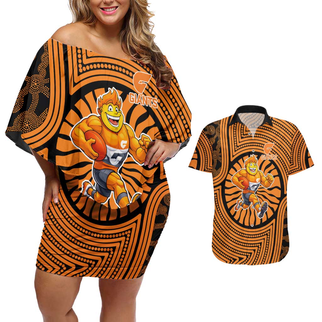 Greater Western Sydney Giants Couples Matching Off Shoulder Short Dress and Hawaiian Shirt Indigenous Monochrome Dot Art Mascot Style