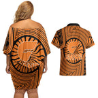 Greater Western Sydney Giants Couples Matching Off Shoulder Short Dress and Hawaiian Shirt Indigenous Monochrome Dot Art Mascot Style
