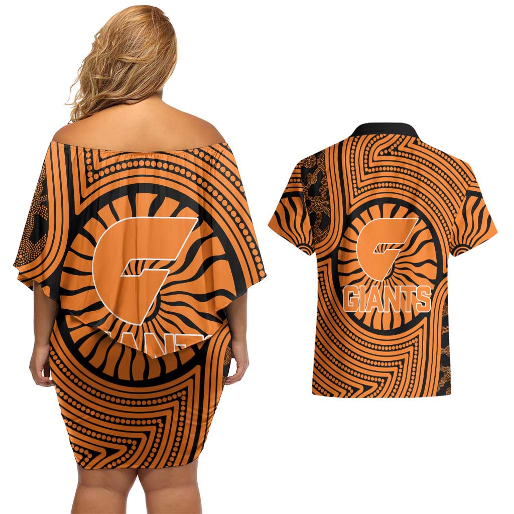 Greater Western Sydney Giants Couples Matching Off Shoulder Short Dress and Hawaiian Shirt Indigenous Monochrome Dot Art Mascot Style