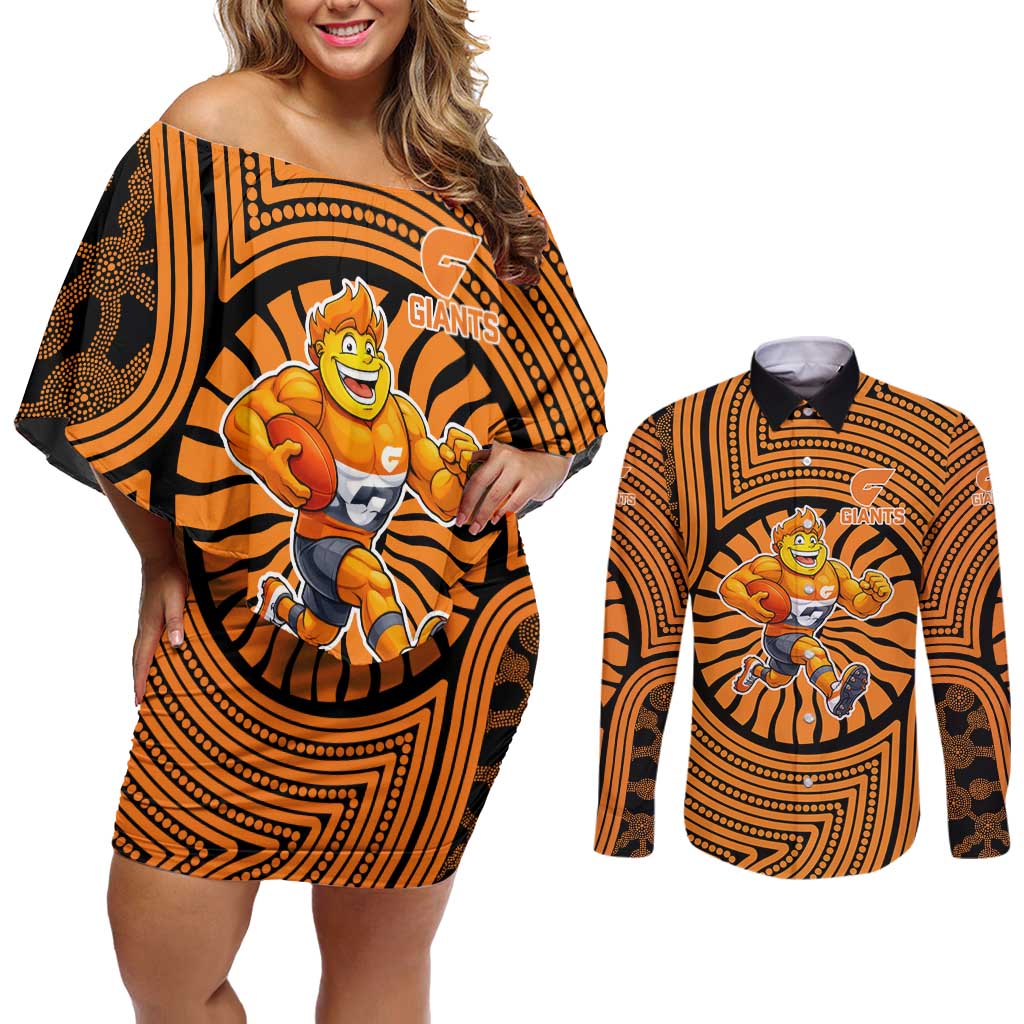 Greater Western Sydney Giants Couples Matching Off Shoulder Short Dress and Long Sleeve Button Shirt Indigenous Monochrome Dot Art Mascot Style