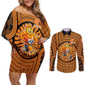 Greater Western Sydney Giants Couples Matching Off Shoulder Short Dress and Long Sleeve Button Shirt Indigenous Monochrome Dot Art Mascot Style