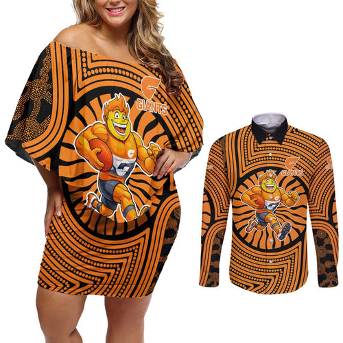 Greater Western Sydney Giants Couples Matching Off Shoulder Short Dress and Long Sleeve Button Shirt Indigenous Monochrome Dot Art Mascot Style