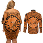 Greater Western Sydney Giants Couples Matching Off Shoulder Short Dress and Long Sleeve Button Shirt Indigenous Monochrome Dot Art Mascot Style